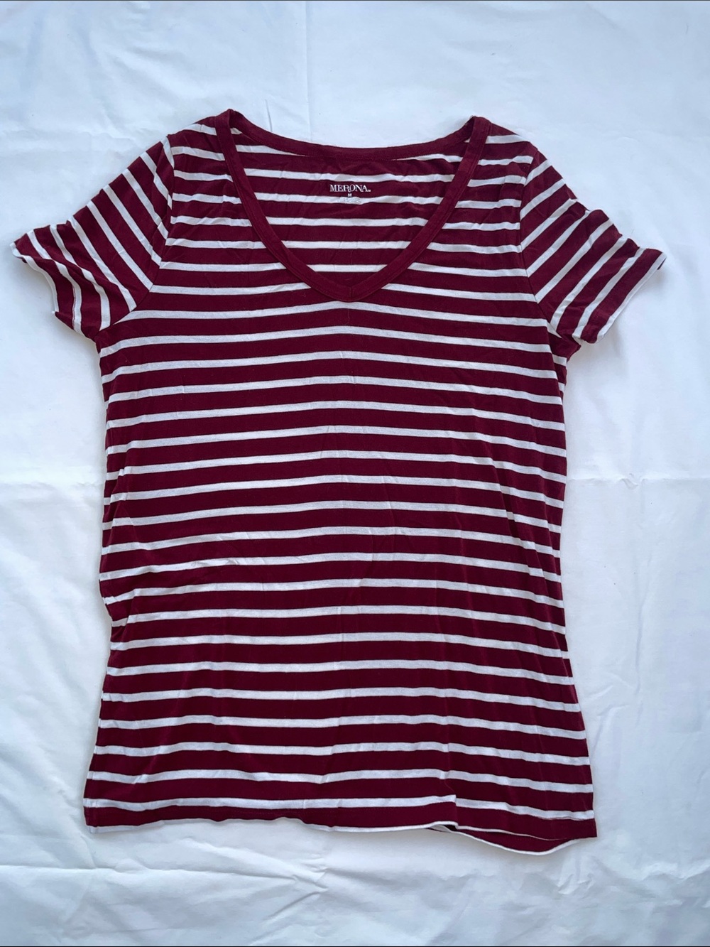Merona Women's Maroon & White Striped V-Neck Tee